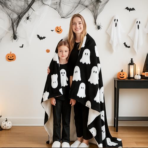 Smoofy Throw Blanket Halloween Blanket with White Ghost Black Throw Blankets for Bed and Couch Soft Fluffy Fleece Blanket 50x60 inches