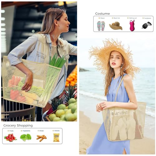 Image of Mesh Beach Tote Bags for Womens, Shoulder Handbag Hobo Pool Bags for Swimming Vacations Summer Essentials