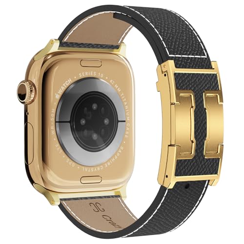 Designer Leather Band Compatible with Apple Watch 49mm46mm45mm44mm42mm41mm 40mm38mm for Women Magnetic Buckle Replacement Strap for iWatch Ultra 3/ 2 /1 SE 3/2/1 Series 11/10/9/8/7/6/5/4/3/2/1 (Black Band+Gold H Buckle 44mm45mm46mm49mm)