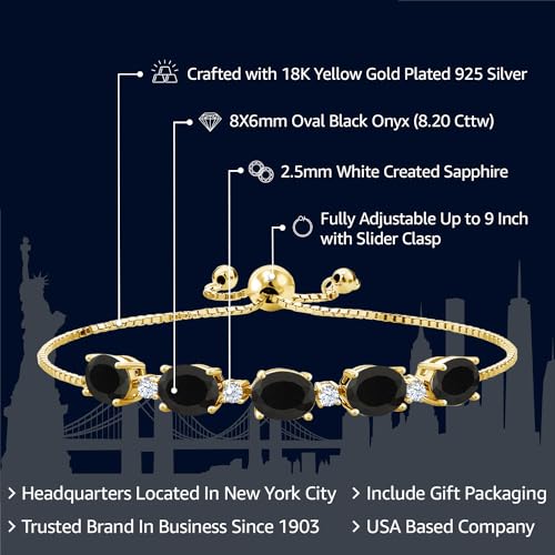 Gem Stone King 5-8 Cttw Gemstone Birthstone and White Created Sapphire Tennis Bracelet for Women | 18K Yellow Gold Plated Silver | Oval 8X6MM with Round 2.5MM Accents | Adjustable Bolo Chain2