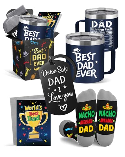 HAPPYPOP Ideal Gifts from Daughter Son - Father Gift Set with Insulated Best Dad Ever Tumbler Keychain Sock & Greeting Card