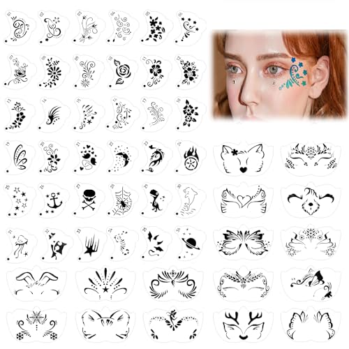 52 Pcs Face Painting Stencil COGVOHY Reusable Face Painting Stencil Set Plastic Tattoo Painting Templates Patterns Body Facial Painting Stencils for Christmas Holiday Party