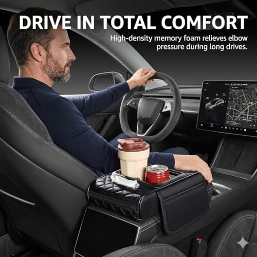Image of 5-in-1 Car Armrest Cushion, Multifunctional Faux Leather Center Console Armrest Pillow Elbow, Universal Arm Box Pad Cover with Cup Holder, Phone Slot, Tissue Box Slot & 2 Storage Bags, Black