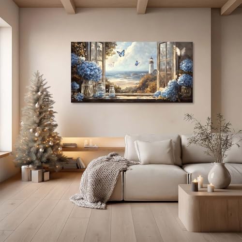 Coastal Open Window Butterflies Ocean View Canvas Wall Art Blue Hydrangea Print Rustic Lighthouse Beach Landscape Painting Gallery Wrapped Artwork for Living Room Bedroom Bathroom Decor, 40X20 INCH by Piy Painting - Used condition - Image 8
