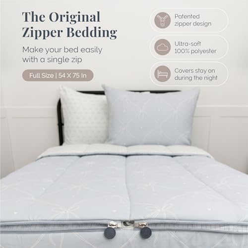 Image of Beddy's Ribbon & Bow Theme Durable Zipper Bedding for Kids - Bed in a Bag - White Striped Sheets with Baby Blue Comforter - Includes 2 Pillowcases & 2 Shams - Full