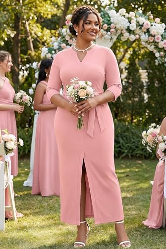 Image of Nmoder Long Maxi Dress for Women, Pencil Church Bodycon Dress Front Split | 3 /4 sleeve v neck, curvy tea party work semi formal cocktail funeral date bridesmaid dress, colorblock, m-3xl