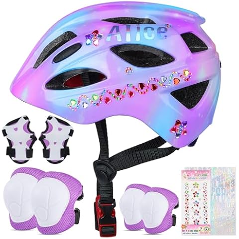 EllaSeek Kids Bike Helmet Toddler Helmet Knee Pads Elbow Pads Wrist Guard Adjustable Protective Gear Set with DIY Stickers for Girls 3-8 Years Cycling Scooter Skateboard Skating Helmet Cover