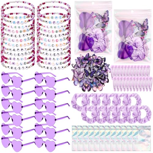 Quelay 134 Pcs Kpop Disco Party Favors Popular Singer Party Friendship Gift Set Birthday Bracelets Sunglasses Satin Scrunchie Clips Stickers Bags for 80s Y2k Fans Women(Heart Purple)