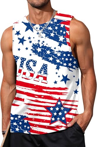 Image of Ithalt USA Tank Top Men 4th of July Patriotic Sleeveless American Flag Workout Shirt Summer Beach Independence Day