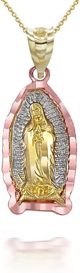 Dainty 10K Tri-Color White, Rose, and Yellow Gold 5/6" Our Lady of Guadalupe Immaculate Conception Pendant Necklace - Choose Pendant Only or Necklace w/ 16”-22” Chain