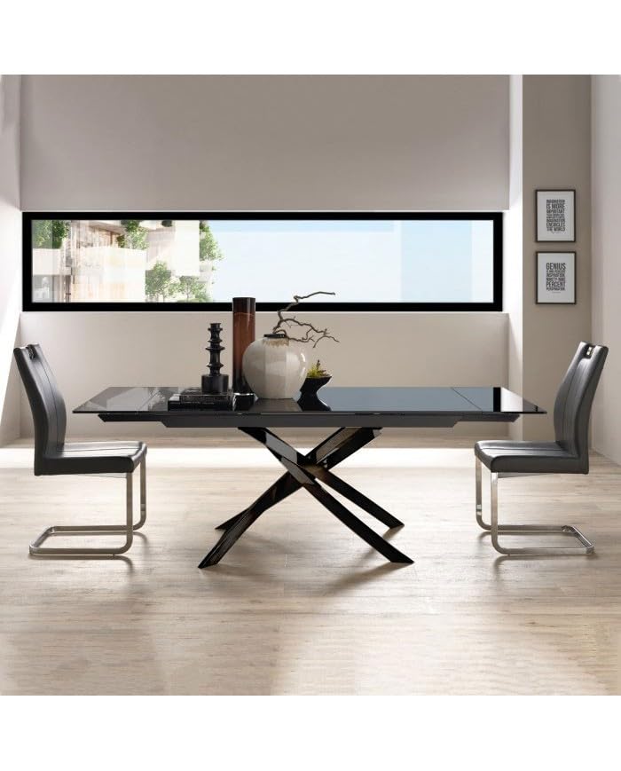 STILPROJECTSTORE -Tavolo Allungabile in Vetro nero e Gambe in Acciaio verniciate nero 160x90x75 - Elegance