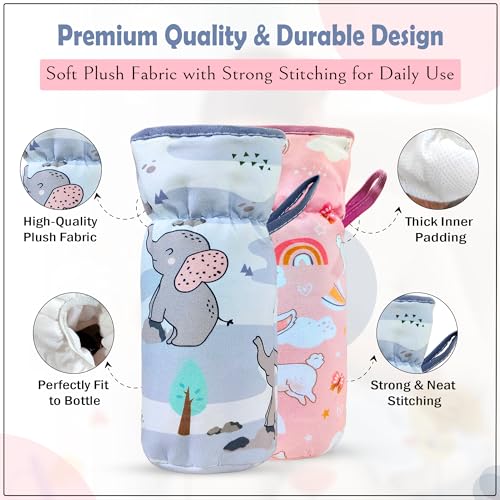 Image of GLUN Printed Baby Feeding Bottle Pouch with Lanyard Pack of 2, Cushioned Cotton Pouch, Keep Warm Baby Drinks, Glass, Plastic Insulator Bottle Protector