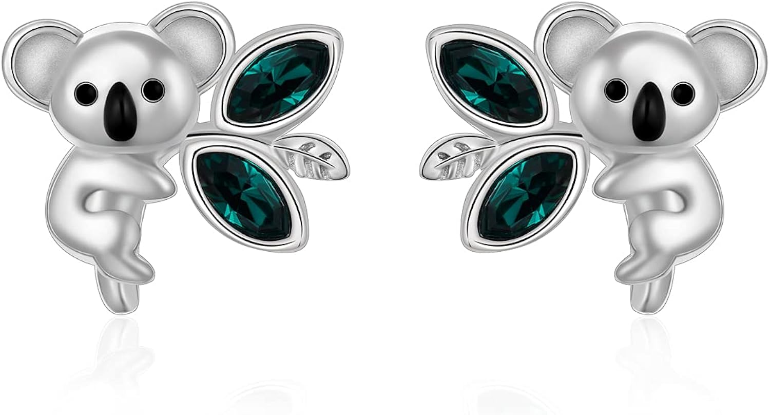 koala earrings with dark green crystals