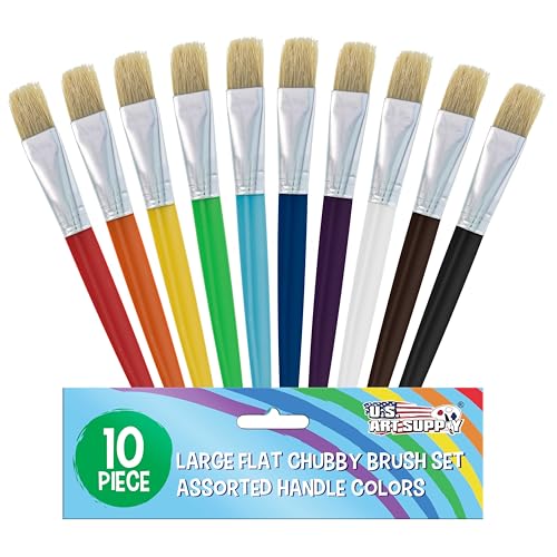 U.S. Art Supply 10-Piece Fat Hog Bristle Brush Set - Large Chubby Paint Brushes, Classroom Paint Brushes for Crafts, Tempera & Acrylic Painting, Ideal...
