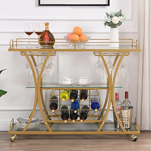 Kivenjaja Gold Bar Cart, Kitchen Serving Cart With Wine Racks & Glass Holder, 3-Tier Mirrored Shelves Metal Frame Mobile Coffee Wine Barcart Trolley On Wheel For Home #TOP12