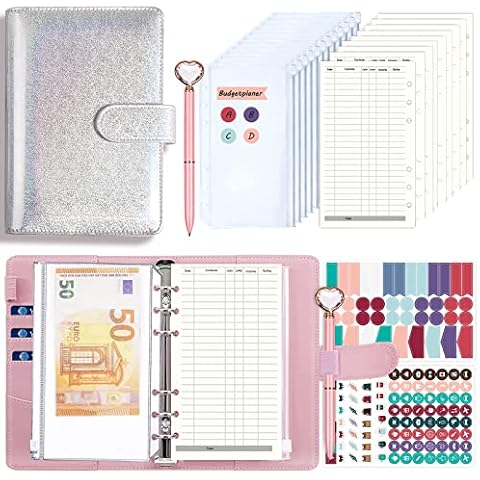52 pieces A6 ring binder notebook, budget planner, PU leather binder with 8 plastic binder money envelopes, 40 budget sheets, 2 label stickers and 1 pen (silver) Cover