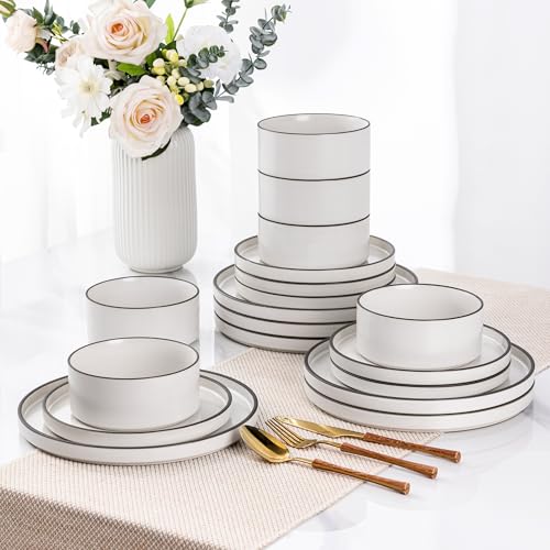 LeRatio Geschirrset für 6 Personen, 18-tlg Steingut Geschirr Set, Keramik Kratzfestes- Schüssel- und Teller-Set (Weißer Rauch-Schwarzer Rand, 18 Teile Set)