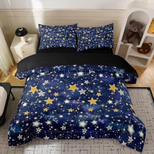 Image of NINENINE Galaxy Star Comforter Sets, Dark Blue Glowing Star Space Bedding 5PCS Twin Size Comforter Sets for Boys Teens (1Comforter, 1Flat Sheet, 1Fitted Sheet, 2Pillowcases)