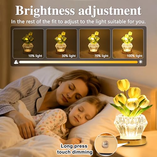 Image of Blue Tulip Flower Lamp Diamond Vase, 3 Color Night Light Dimmable Touch Control Artificial Floral Decor for Bedroom Bar Coffee Shop Wedding Birthday Gifts for Women Christmas Valentine Mothers Day