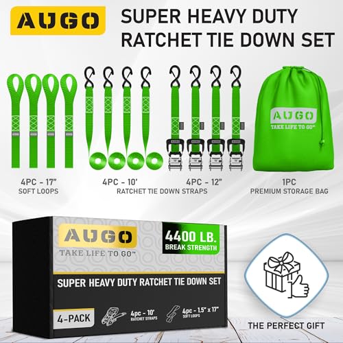 Image of AUGO Heavy Duty Ratchet Straps & Soft Loops - Pack of 4 Extra Strong 1.5 inch by 10' Ratchet Straps w /S-Hook Safety Latches & 4 Soft Loop Tie Downs - 4400Lb Break Strength for Motorcycles, ATVs, Etc.