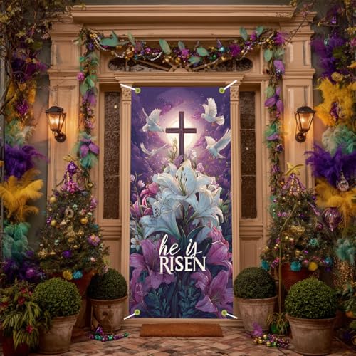 Image of Religious Easter Door Cover He is Risen Cross Door Banner Scripture Easter Door Covers for Front Door Christian Easter Decorations 35x71 Inch