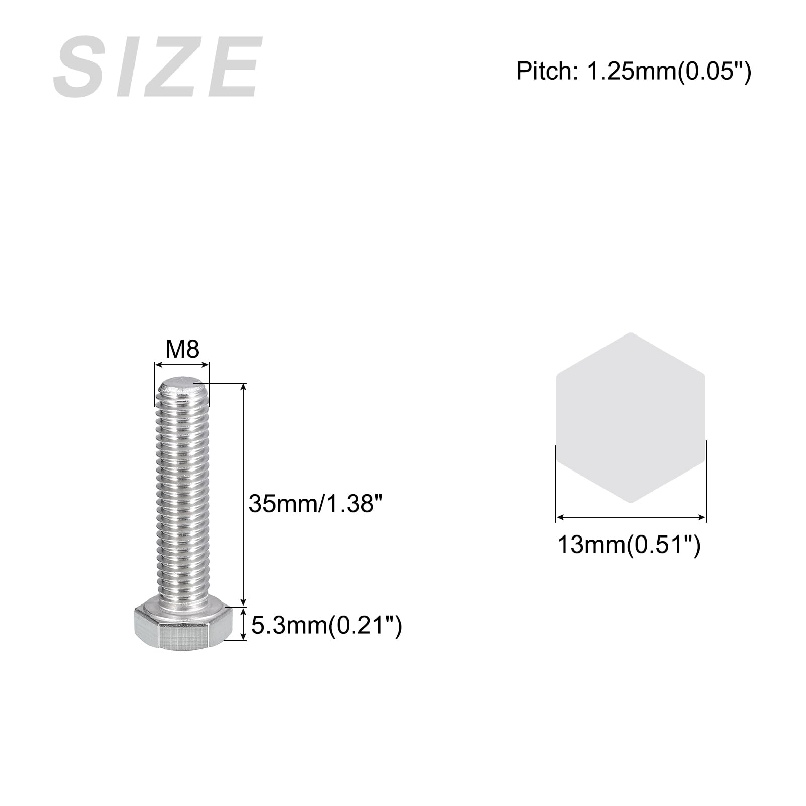 METALLIXITY Hex Bolts (M8-1.25x35mm) 5Pcs, 304 Stainless Steel Coarse Fully Threaded Hex Head Screw Bolt Machine Screws - Image 2