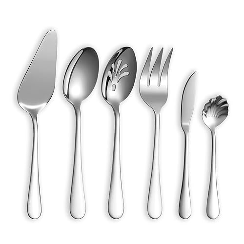 Berglander Silverware Serving Set 6 Pieces, Stainless Steel Serving Spoons Set, Flatware Serving Set, Serving Utensils Set Easy to Clean and Dishwasher Safe - 5. Silver