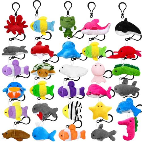 XIPEGPA 30 PCS Mini Ocean Plush Animals Keychain Set Small Stuffed Animals for Goodie Bags Schools Birthday Party Favor Suppliesļ¼Ocean Animalsļ¼