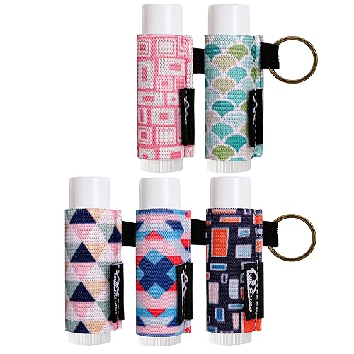 Image of WK IEASON Lip Balm Holder for LANEIGE, Summer Fridays, Small Christmas Gifts Stocking Stuffers for Teen Girls, Keychain Clip On Lipstick Sleeve Lip Balm Sleeve Holder Keychain 5PCS(Geometric Combos)