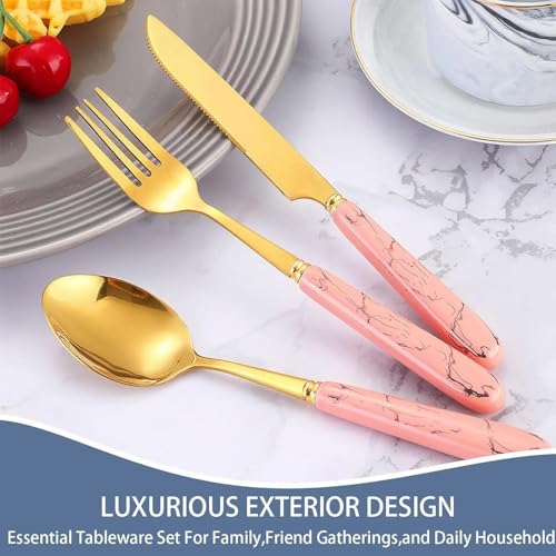 Image of Artek Stainless Steel Spoons, Forks & Knives Set of 24 with Stand and Ceramic Handle Golden Cutlery Set (Pink)