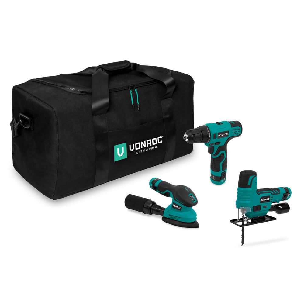 VONROC Zestaw Narzędzi 12V 3w1 – Wiertarko-Wkrętarka, Wyrzynarka, Szlifierka, 3x Akumulator, USB-C, Torba, Kompaktowe Elektronarzędzia (12V - 3 urządzenia)