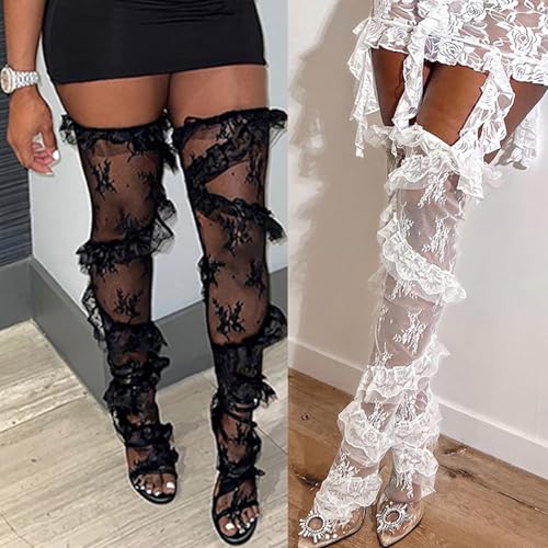 Image of Womens Aesthetic Sheer Flower Lace Thigh High Stockings Sweet Twill Ruffle Trim Patchwork Loose Over Knee Long Socks