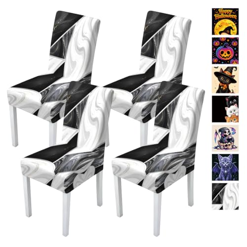 Image of Black White Marble Dining Chair Covers Set of 4, Stretch Covers