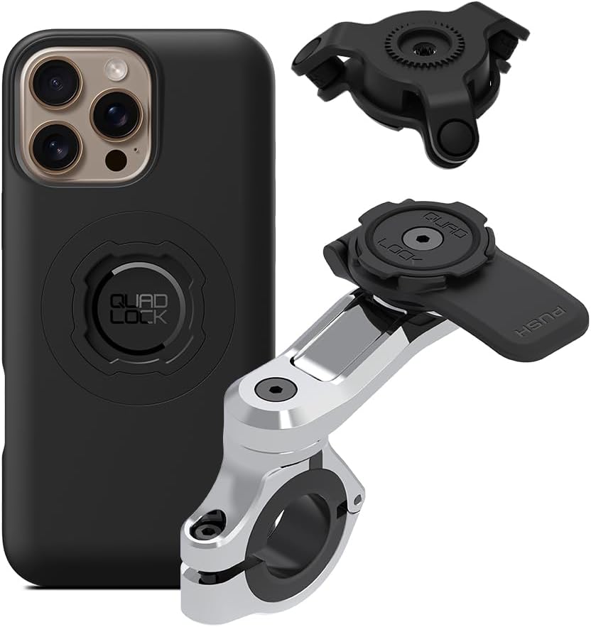Quad Lock Motorcycle Handlebar Phone Mount PRO Chrome with Vibration Dampener and MAG Phone Case for iPhone 16 Pro Max
