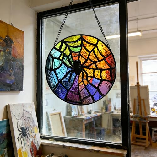 Image of Stained Glass Suncatcher, Colorful Spider Sun Catcher Black Insect Stain Glass Window Hanging Decoration Mother's Day Birthday Gifts for Women Men Mom Nana 6.3 in