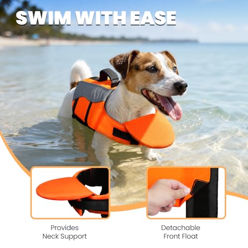 Image of VIVAGLORY Dog Life Vest Front Float Dog Swim Vest, L, Bright Orange | Life Jacket with Chin Float & Handle for Swimming & Boating, High Visibility Adjustable for Doggy Cat Puppy