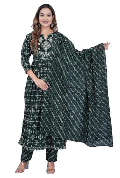 Women Green Rayon Nyra Cut Embroidered & Floral Printed kurta with pant & Foil Print Dupatta
