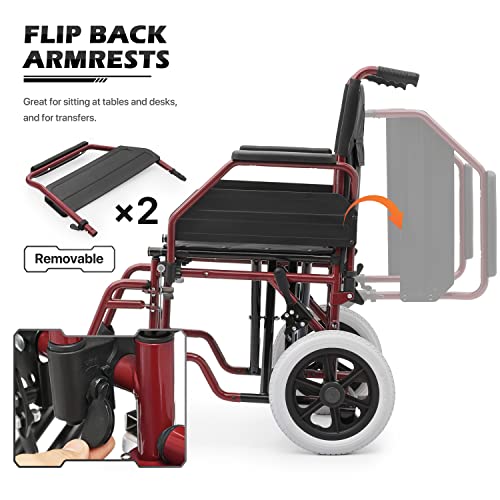 Monibloom Folding Transport Wheelchair With Full Arms And Removable Swing-Away Footrest For Adults Lightweight Foldable 17 Inch Wide Seat Wheel Chair For Compact Storage, 300 Lbs Capacity, Red #TOP2