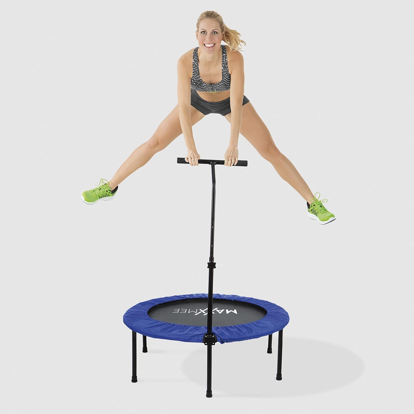 MAXXMEE Fitness Trampolin | Höhenverstellbarer Haltestange | Schnell und Leicht auf- und abbaubar - einfach platzsparend verstauen | Maximale Belastbarkeit ca. 100 kg [blau/schwarz]