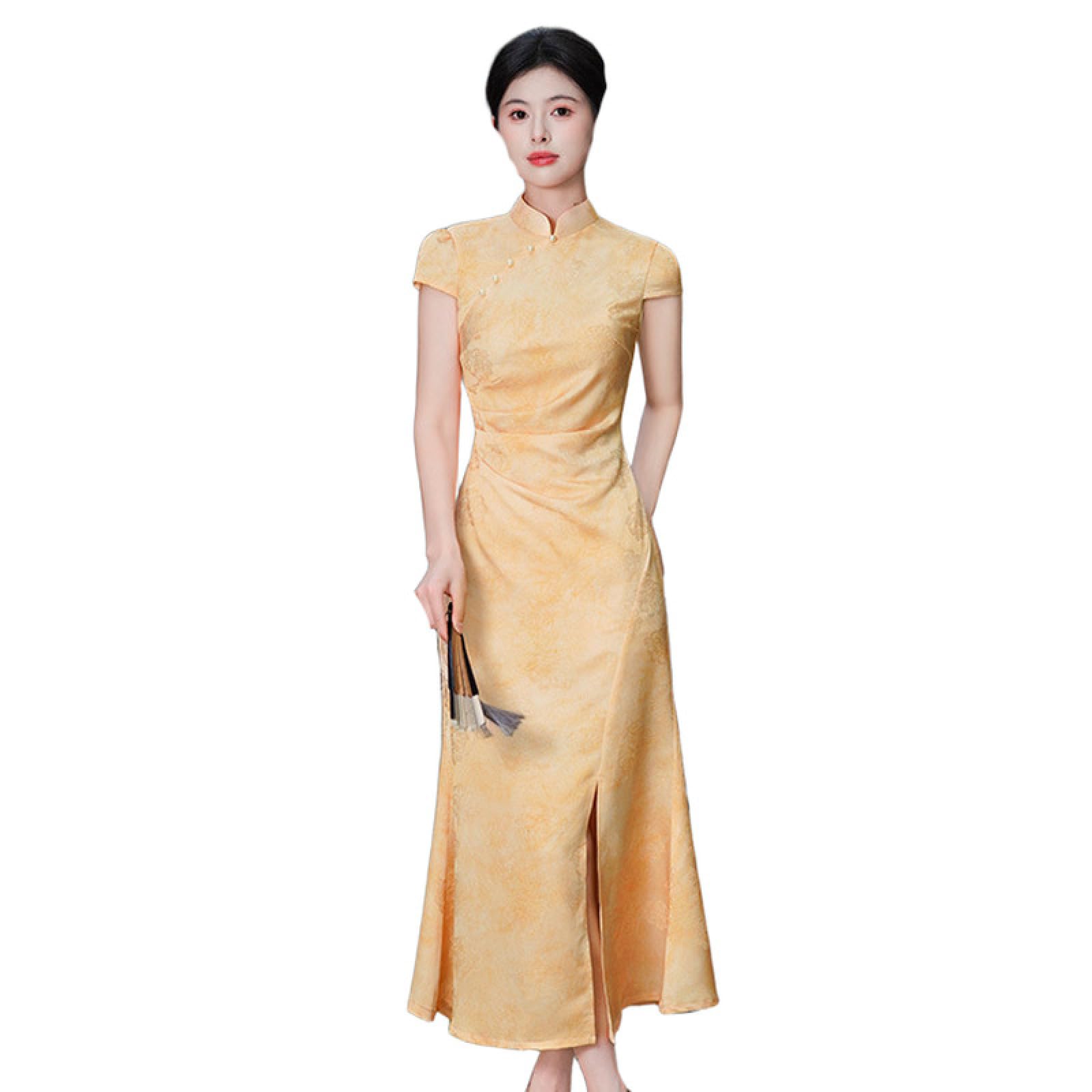 Women's Cheongsam Dress -Summer Improved Young Chinese Retro Qipao Slim Long Dress Wedding Party Cheongsam Traditional Oriental Clothing Fashion Dresses,Yellow,XXL