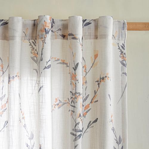 Image of MYSKY HOME Floral Sheer Curtains 63 Inch Long Linen Blended 2 Panels Yellow