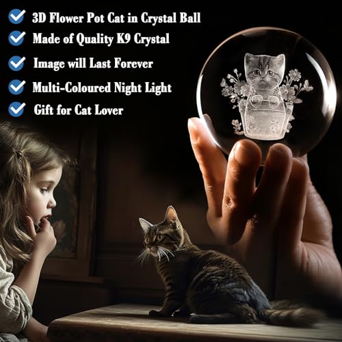 Image of IFOLAINA 3D Cat Crystal Ball 3D Flower Pot Cat Figurines Night Light Cat Lover Gifts for Women Home Decor Cat Collectibles Snow Globes Gift for Girl Cat Lamp for Bedroom Unique Cat Gifts for Her