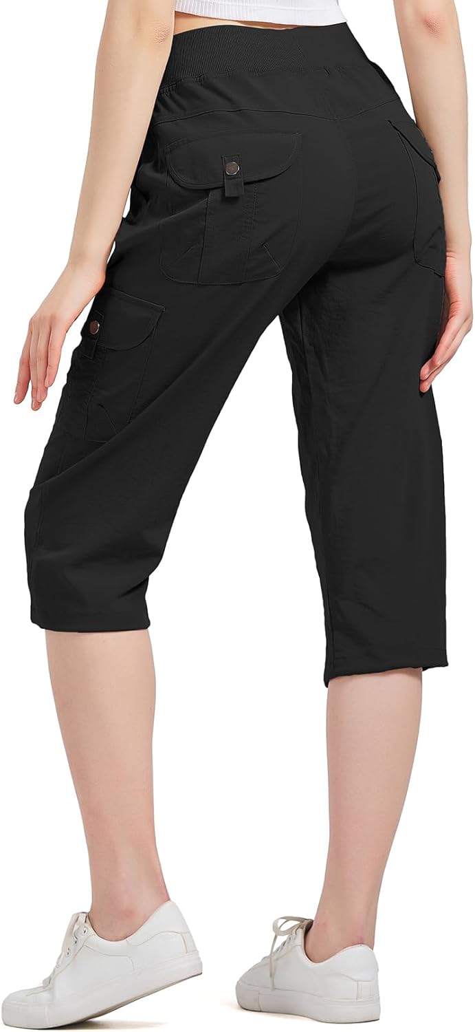 Women's Cargo Capris Hiking Pants with 6 Pockets Lightweight Quick Dry Outdoor Travel Casual Comfy Summer Pants(2032 Black XXXL)