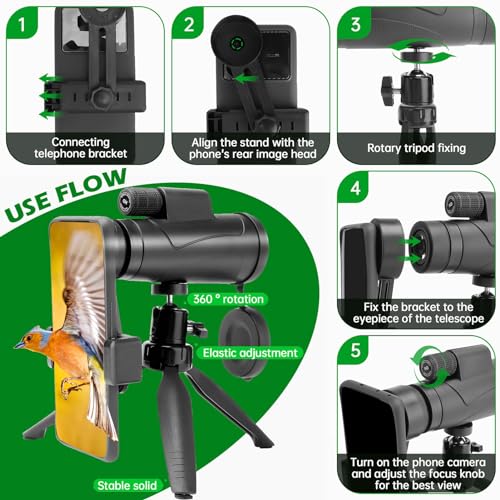 Monocular Telescope, 80x100 HD Monoculars for Adults, Compact Portable Waterproof with Smartphone Tripod & BAK4 Prism for Birdwatching Camping Concert Travelling