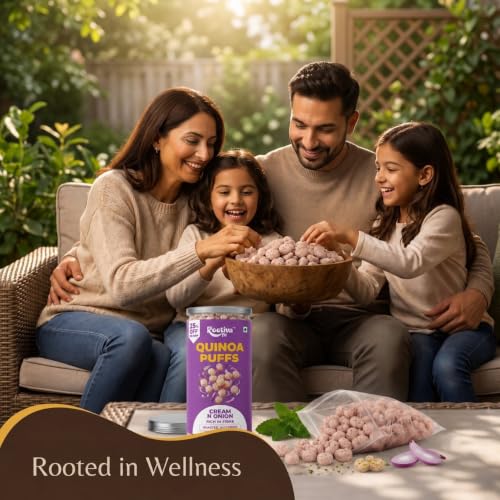 Image of ROOTIVAFIT Quinoa Puffs Cream & Onion Flavour, Roasted Not Fried, Rich in Fibre, Ready-to-Eat Snack, 80 g, Pack of 2