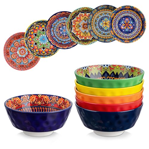 vancasso Boho Cereal Bowls Set of 6, 26 oz Ceramic Soup Bowls with Colorful Bohemian Pattern, Microwave & Dishwasher Safe Serving Bowls for Salad, Oatmeal, Pasta, KRVI Series