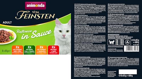 animonda vom Feinsten Premium Katzenfutter nass Raffinesse in Sauce, 8 Portionsbeutel (8 x 85g), hochwertiges Katzen Nassfutter ohne Zucker, mit frischen fleischigen Zutaten