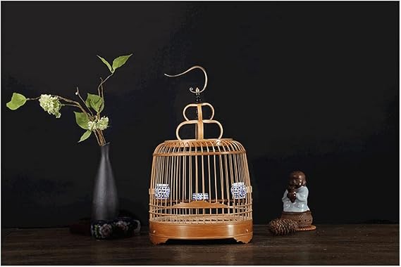 Birdcages Chinese Style Bird Cage with Standing Pole Hand-Made Bamboo Bird Flight Cage with Handle for Small Birds for Travel Home-Brown Bird Carrier Old bamboo