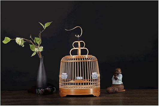 Birdcages Chinese Style Bird Cage with Standing Pole Hand-Made Bamboo Bird Flight Cage with Handle for Small Birds for Travel Home-Brown Bird Carrier Old bamboo