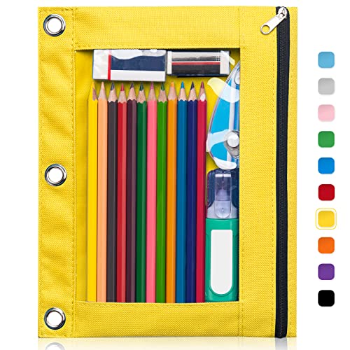 Forvencer Pencil Pouch for 3 Ring Binder, Clear Window Pencil Case with Smooth Zipper, Big Capacity 3 Ring Binder Pencil Bag with 3 Reinforced Grommets, Yellow